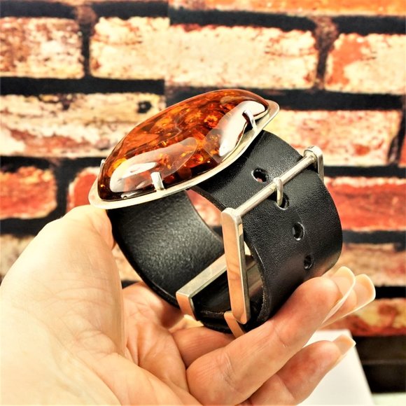 SUPER HUGE AMBER STERLING LEATHER RARE BRACELET 9 BY AMBERMODA UNISEX - Picture 6 of 16